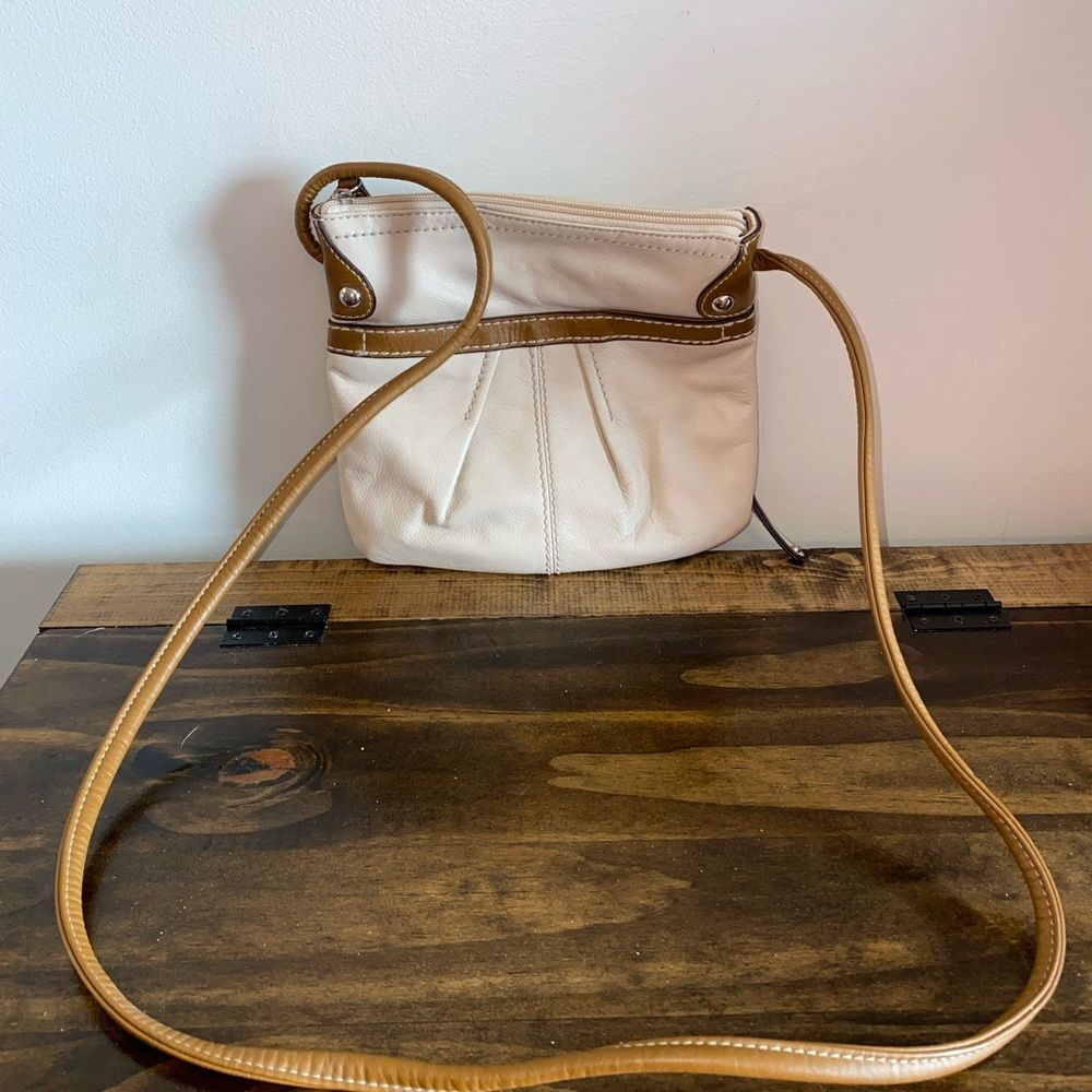 Tignanello Pretty Pleats White & Brown Leather Convertible Crossbody Bag NWT